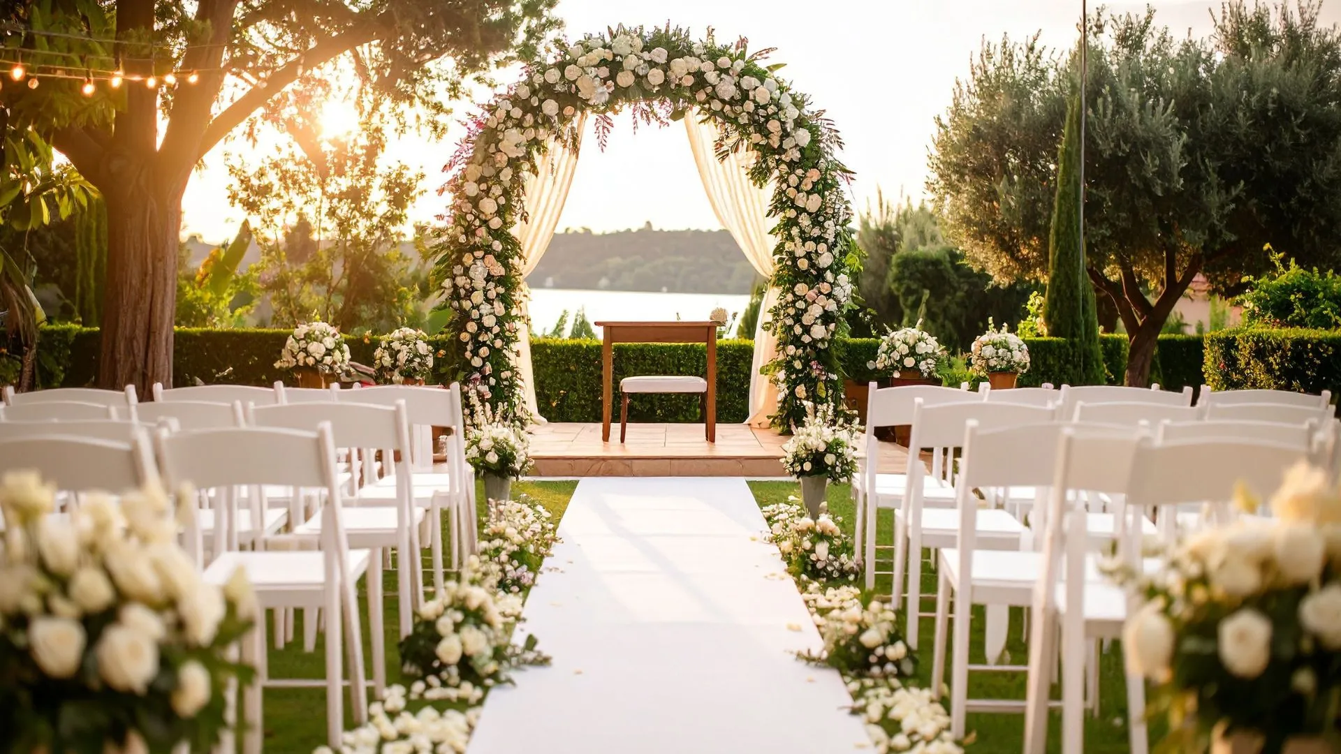 This image illustrates the essence of an outdoor wedding ceremony, showcasing how thoughtful planning, elegant floral design, and natural surroundings come together to create a romantic and unforgettable setting. It serves as inspiration for couples who envision a serene, garden-style celebration that highlights intimacy, beauty, and timeless sophistication.