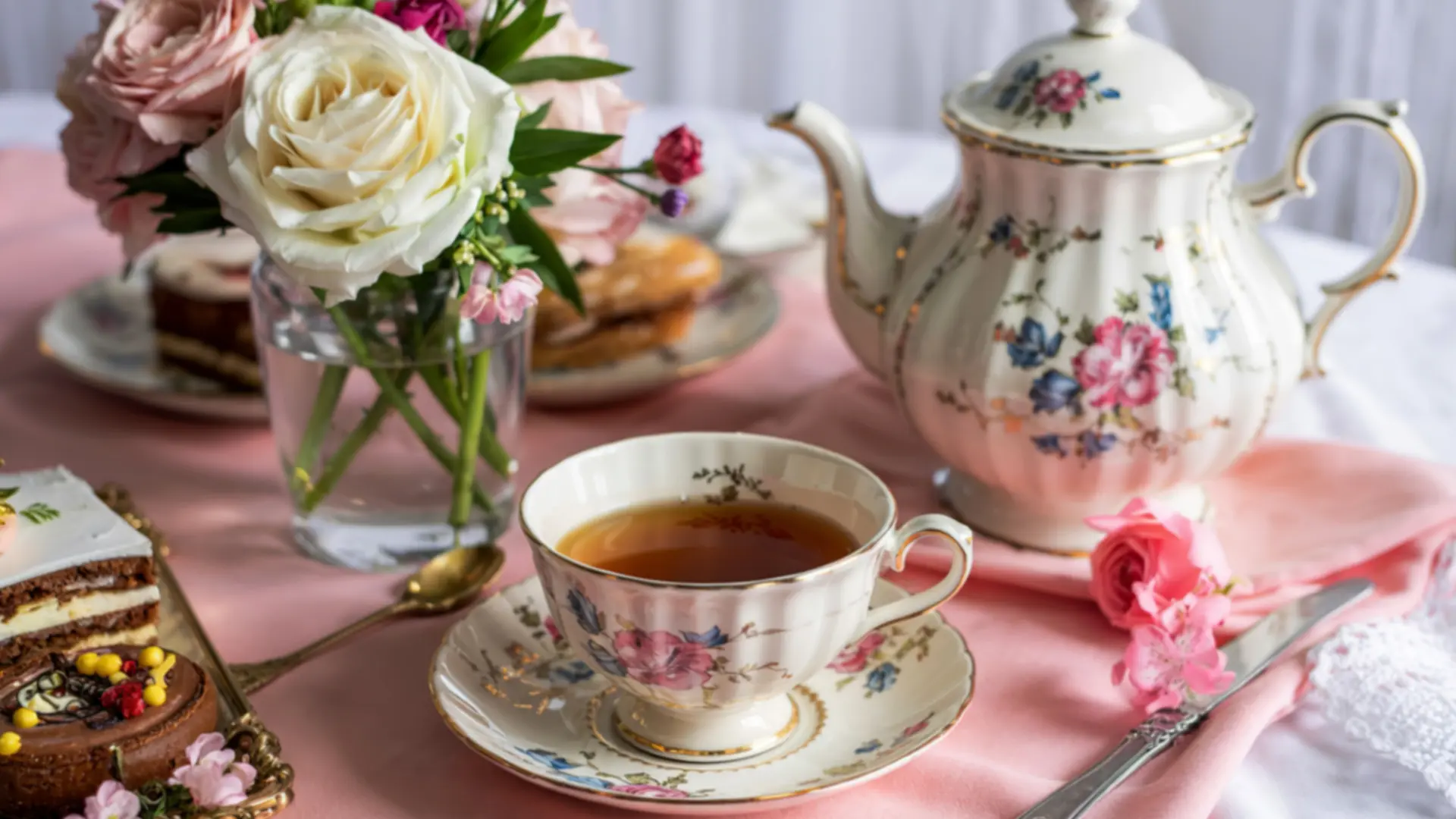 The purpose of this image is to visually capture the elegant and inviting atmosphere of a garden tea party, highlighting vintage-inspired tableware, floral décor, and delicate refreshments to inspire readers planning a charming outdoor gathering or special celebration.