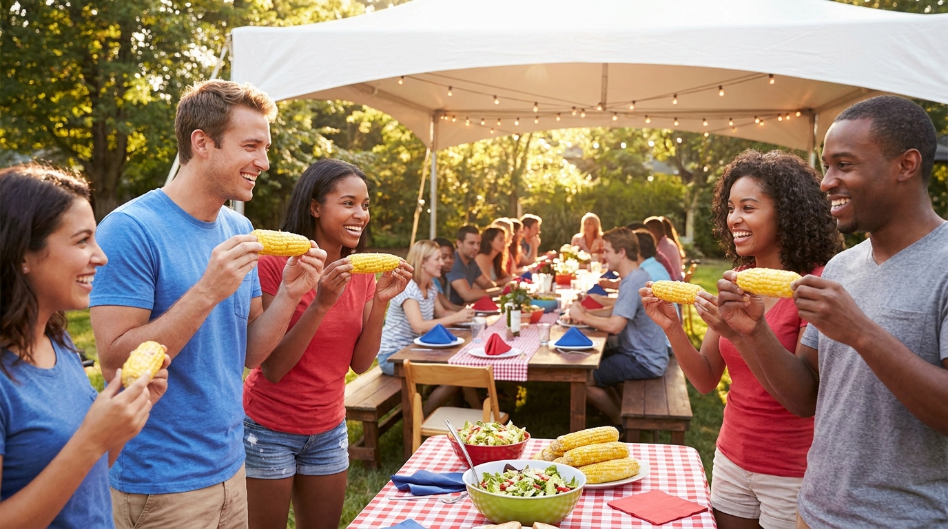 Guests holding corn on the cob at an outdoor summer party under a white rental tent